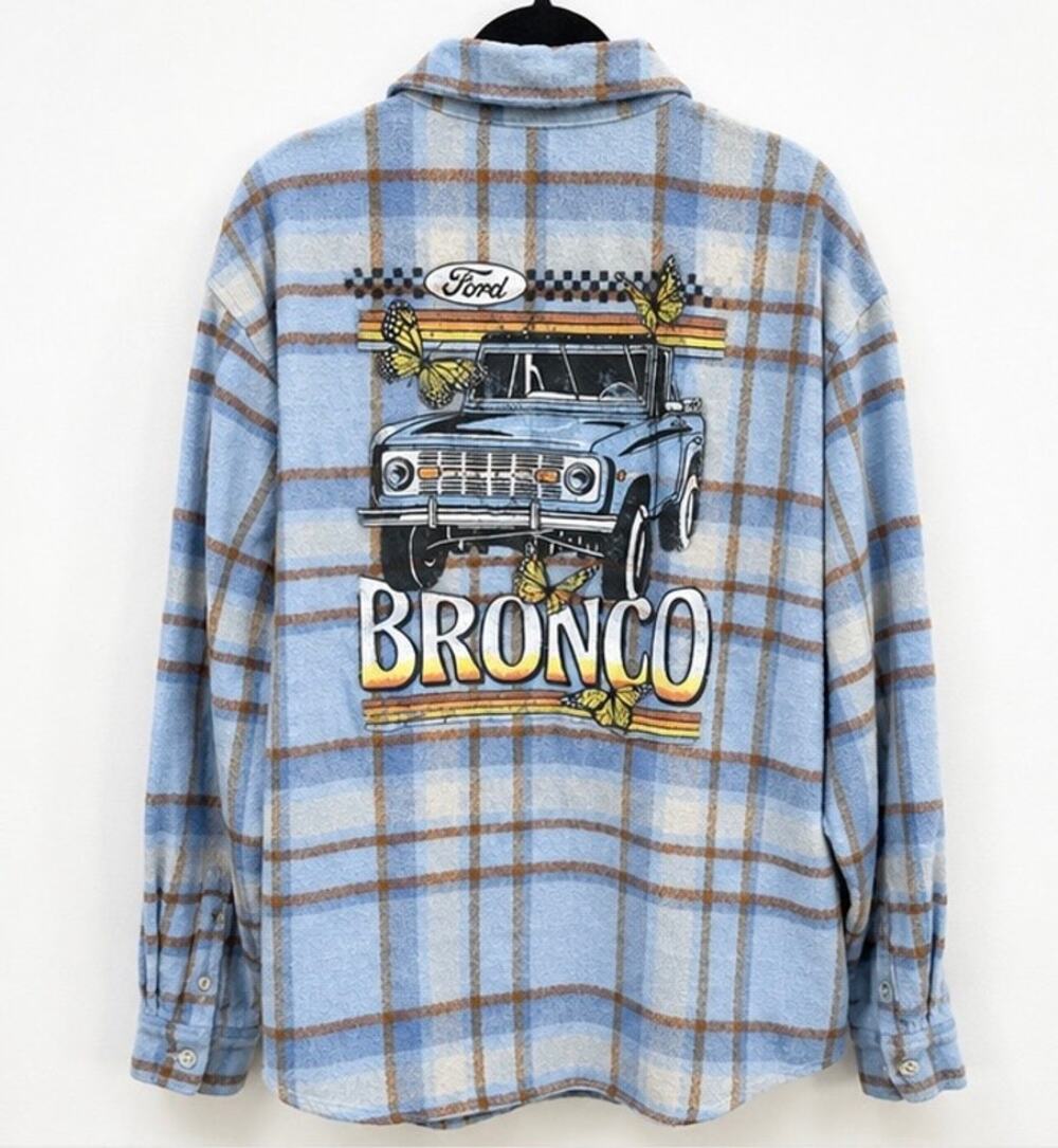 Ford Bronco Women’s Large Plaid Flannel Shacket Graphic Button Up Shirt